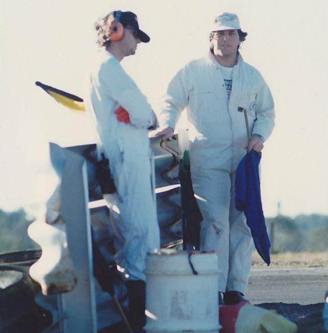 Miller and Pratt on a flag post at Lakeside in the 1980s